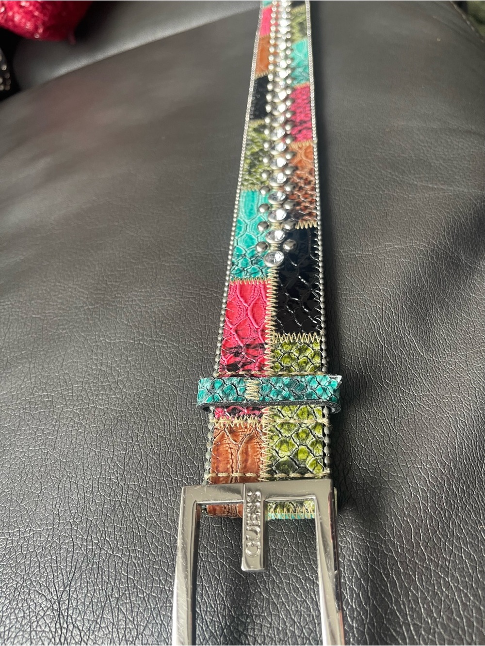 Guess Multicolor Patchwork Leather Belt with Silver Studs